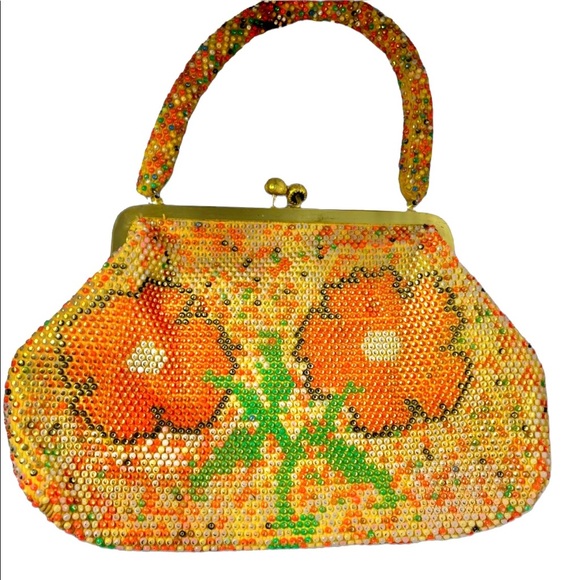 Beautiful Vintage orange flower bead purse beaded 1970s - Picture 1 of 12